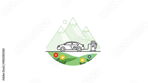 An illustration depicts an electric vehicle charging near mountains, flowers, and greenery, promoting eco-friendly transportation