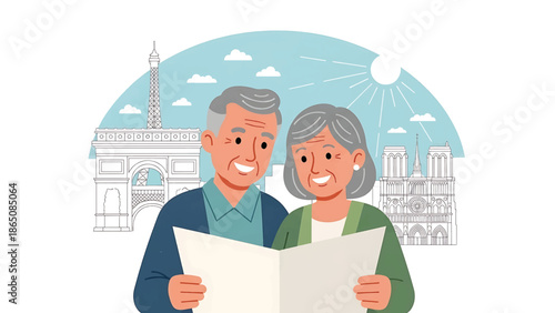 An illustration depicts an elderly couple joyfully studying a map. Iconic landmarks of a major city are in the background, under blue skies and a radiant sun