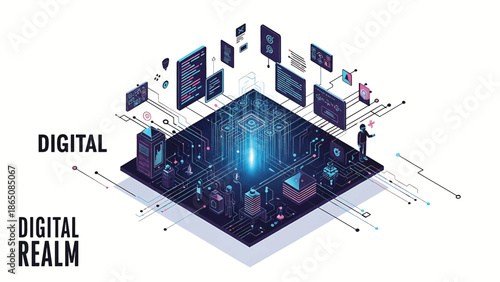 An isometric cityscape illustration depicts the digital realm. It shows a central light pillar, buildings, people, and data streams