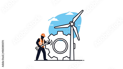 An illustration depicts a worker using a wrench on a large gear near a wind turbine. A blue sky with clouds is in the background
