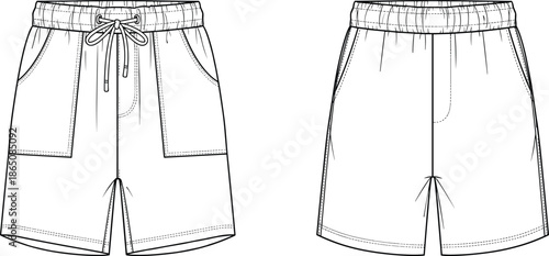 Men shorts technical fashion flat sketch front back view casual apparel design template, cad drawing flat vector illustration