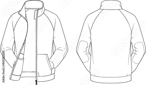 Men jacket technical fashion flat sketch front back view outerwear apparel template design, cad drawing flat vector illustration