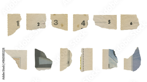 Slika na platnu Set of torn pieces of newspaper isolated on transparent background