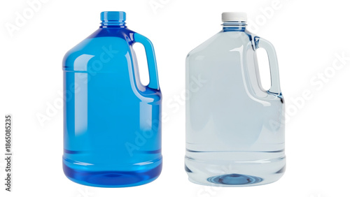 Two clear plastic jugs, one filled with blue liquid, the other with clear. Both have handles and white caps