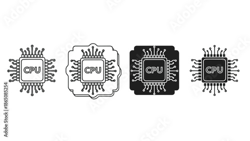 Four variations of a black and white cpu chip icon design