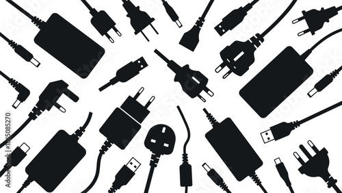 Electric Plug and Charger Silhouette Pattern, Universal Power Adapters, USB Cables, Electronic Connectors, Laptop Chargers, Socket Plugs, Hardware Technology, Energy Supply