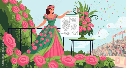 Elegant woman in floral gown presenting botanical art.