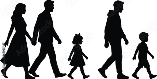 Family Silhouette Walking Together, Parents Holding Hands with Children, Happy Couple and Kids Outdoors, Parenting Concept, Mother Father Daughter Son