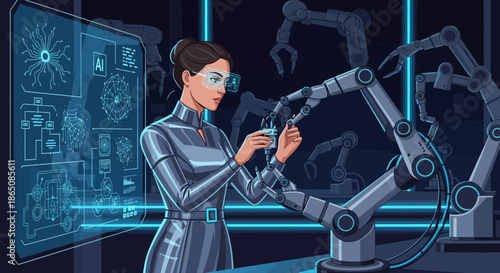 Futuristic Engineer Inspecting Robotic Arm in HighTech Lab.