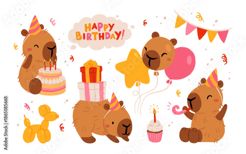 Happy birthday party set with cute capybaras. Vector collection of Funny amusing capybara characters celebrating birthday. Childish baby adorable nice animals cliparts.