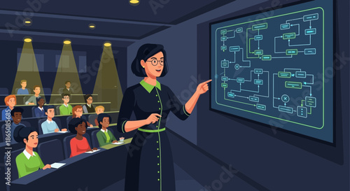 Illustration of a female professor lecturing in a classroom with students.