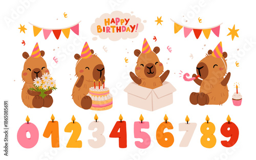 Happy birthday party set with cute capybaras. Vector collection of Funny amusing capybara characters celebrating birthday. Childish baby adorable nice animals cliparts.