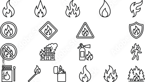 Fire and flame icons set, burn vector, emergency fire extinguisher, warning sign, matchstick, lighter, forest fire, burning building, blaze, hot.