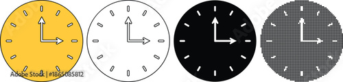 Four variations of a clock showing 3 oclock yellow, outline, black, and checkered pattern