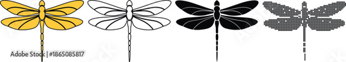 Set of four stylized dragonfly icons in different fill styles color, outline, solid black, and checkered pattern