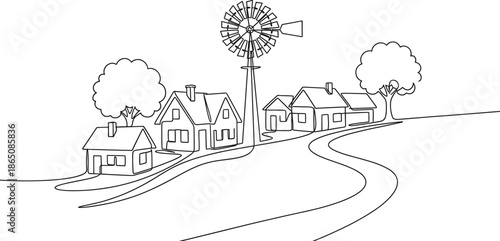 One line continuous drawing of rural village landscape with houses windmill and trees on hills minimalist countryside scene vector illustration