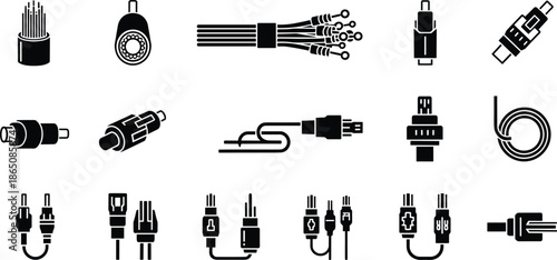 Fiber optic cable icon set featuring network connectors, broadband internet technology and telecommunication equipment.