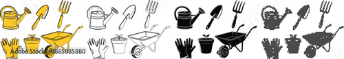 Set of garden tools icons yellow color, outline sketch, and solid black silhouette styles