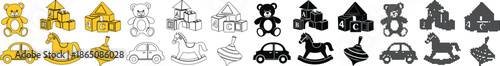 Set of childrens toys icons and silhouettes teddy bear, car, rocking horse, and building blocks, in various styles