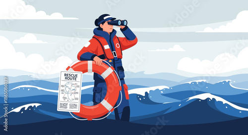 Vigilant Coast Guard Officer with Lifebuoy and Binoculars on Duty.
