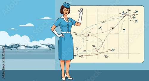 Vintage Stewardess Presenting Flight Routes on a Map.