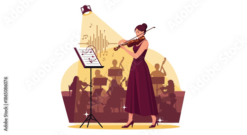 Violinist performing with orchestra under spotlight elegant dress music stand.