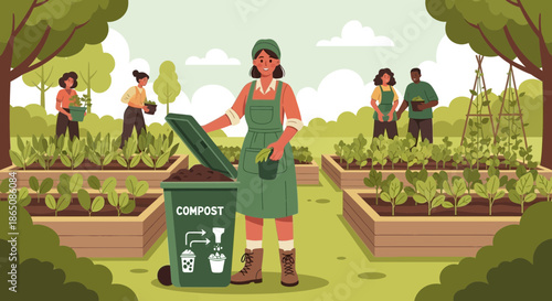 Woman composting in community garden sustainable living illustration.