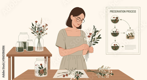 Woman arranging flowers focused on floral design and artistic creation.