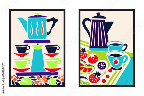 Mid-century modern still life with coffee pot and cups, flat illustration, strong composition, warm vintage palette, 1960s design aesthetic