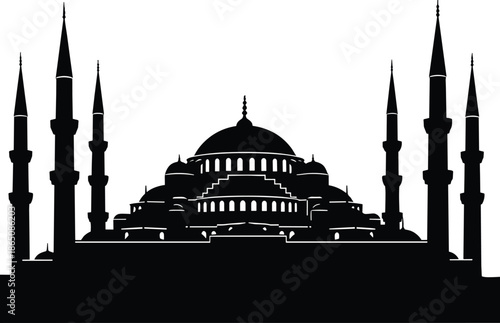 Grand mosque silhouette with domes and minarets representing Islamic architecture, faith, prayer, and spiritual landmark isolated on white background illustration