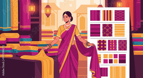 Woman in Saree at Textile Shop Traditional Indian Fashion.