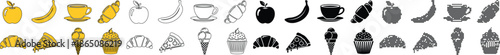 Collection of food and drink icons and illustrations in color and black outline styles