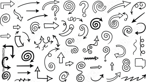 Hand drawn doodle arrow and swirl elements collection featuring sketchy directional symbols, spirals, question marks, and creative abstract design accents