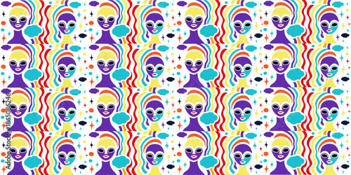 Mid-century modern pattern, repeating abstract forms, soft curves and circles, muted retro tones, clean graphic style, 1960s design aesthetic