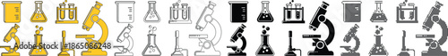 Set of science and laboratory icons microscopes, test tubes, beakers, and flasks in various styles