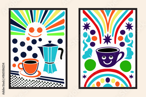 Pop art–inspired coffee poster, 1960s aesthetic, halftone dots, bold outlines, smiling coffee cup, retro color palette, vintage café wall art