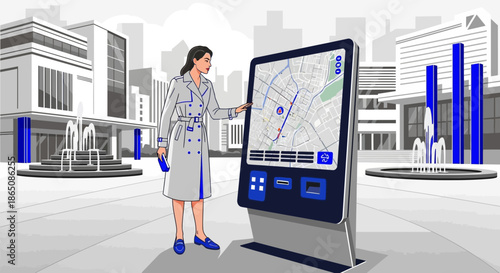 Woman Interacting with Interactive Digital Kiosk in Urban Setting.