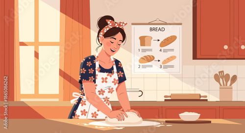 Woman Kneading Dough in a Sunny Kitchen Preparing Bread.