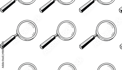 Seamless magnifying glass pattern vector illustration, black and white search icon background for investigation, research, analysis, detective, and inspection design