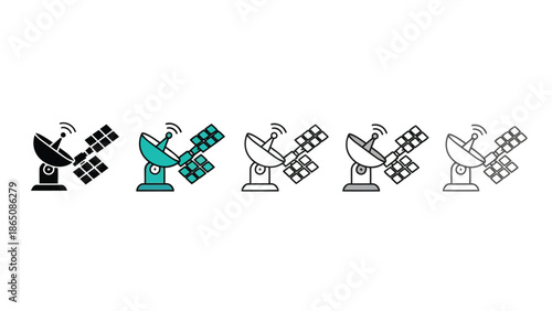 Various depictions of satellite dishes and communication technology in a row