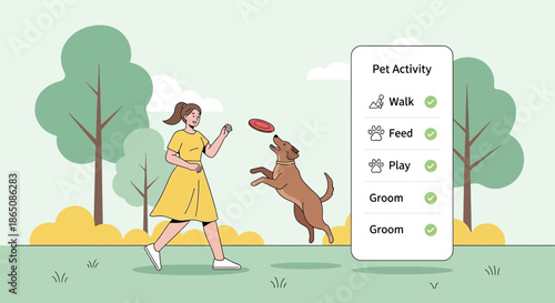 Woman playing frisbee with dog pet activity tracking app.