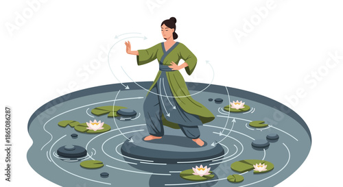 Woman Practicing Tai Chi on a Pond with Lotus Flowers.