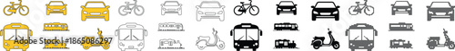 Set of transportation icons vehicles, cars, buses, bicycles, scooters, and traffic symbols in color and outline styles