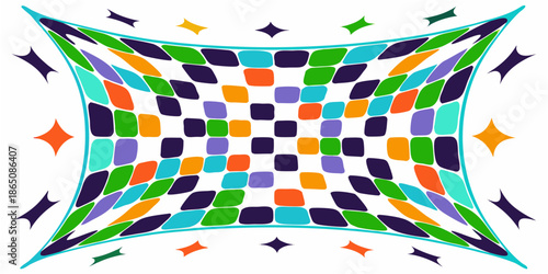 Retro checkerboard pattern with curved edges, bold contrasting colors, mid-century modern style, playful geometric layout
