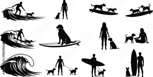 Surfer with dogs silhouettes collection, people walking pets and surfing waves, beach lifestyle concept, ocean sports, pet companionship, black vector illustration