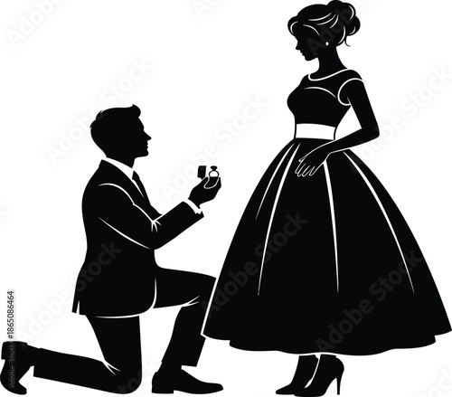 Romantic proposal silhouette illustration showing man kneeling with engagement ring to woman, symbolizing love, commitment, marriage, and relationship milestone moment