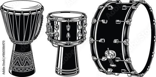 Traditional percussion drums collection, African djembe, goblet drum and bass drum, black and white vector illustration, musical instruments set