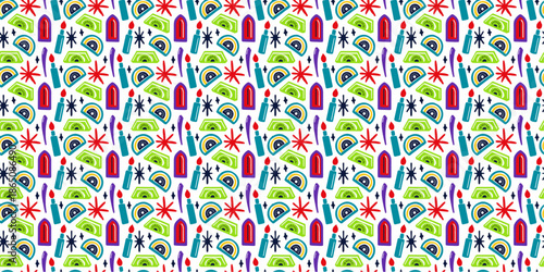 Seamless retro pattern with bold geometric shapes, 1970s color palette, mustard yellow, burnt orange, avocado green, flat design, vintage texture