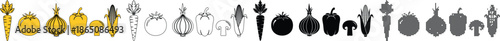 Collection of vegetable icons and silhouettes pumpkin, carrot, bell pepper, garlic, and more