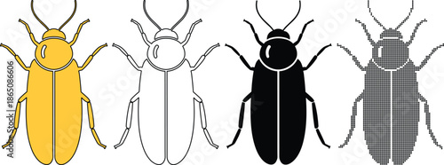 Set of four beetle icons yellow filled, outline, solid black, and checkered pattern